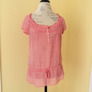 Red Floral Dot, Short Sleeve Poly Peasant Blouse w Adjustable Waistband